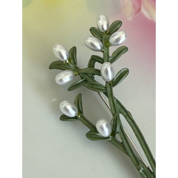 Vintage 60's Green Enamel Faux Pearl Spray Brooch Pin - Picture 3 of 9